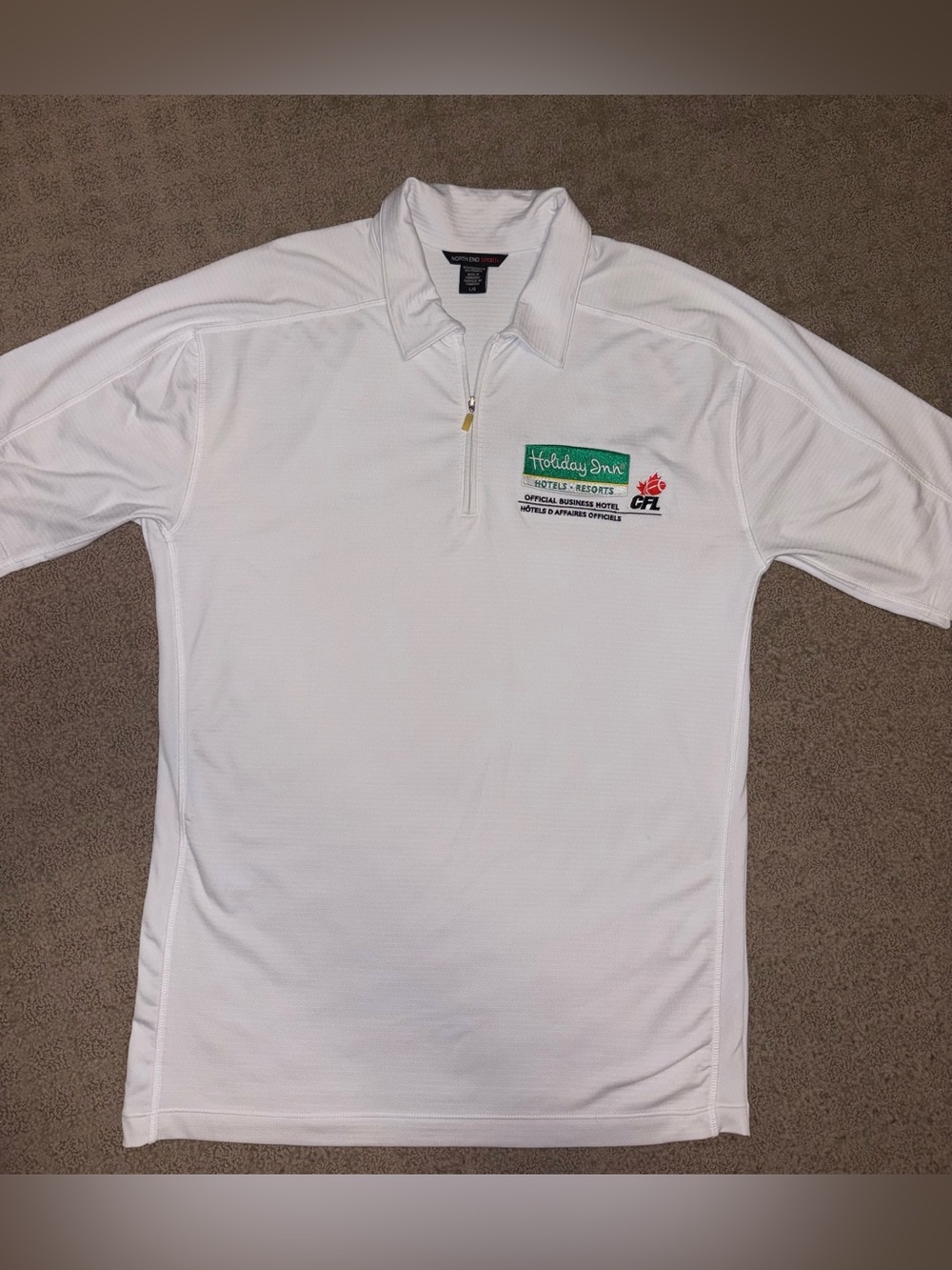 North End Sport White Zipper Polo CFL Sponsored Holiday Inn Hotels Embroidered